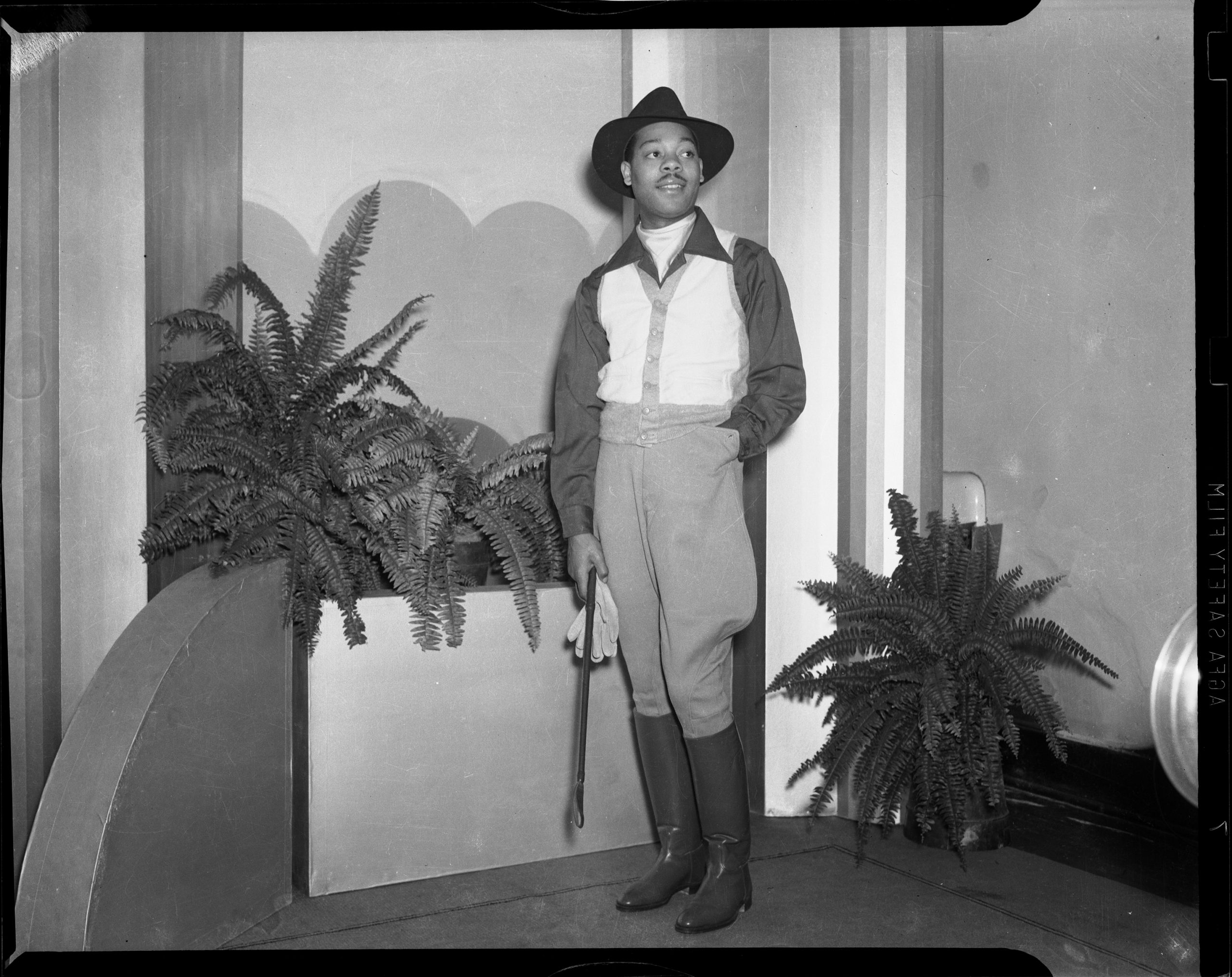     Charles “Teenie” Harris, Model Louis Smith wearing Jodhpurs, 1940-1945. Silver Gelatin print. Courtesy of Carnegie Museum of Art, Pittsburgh.

