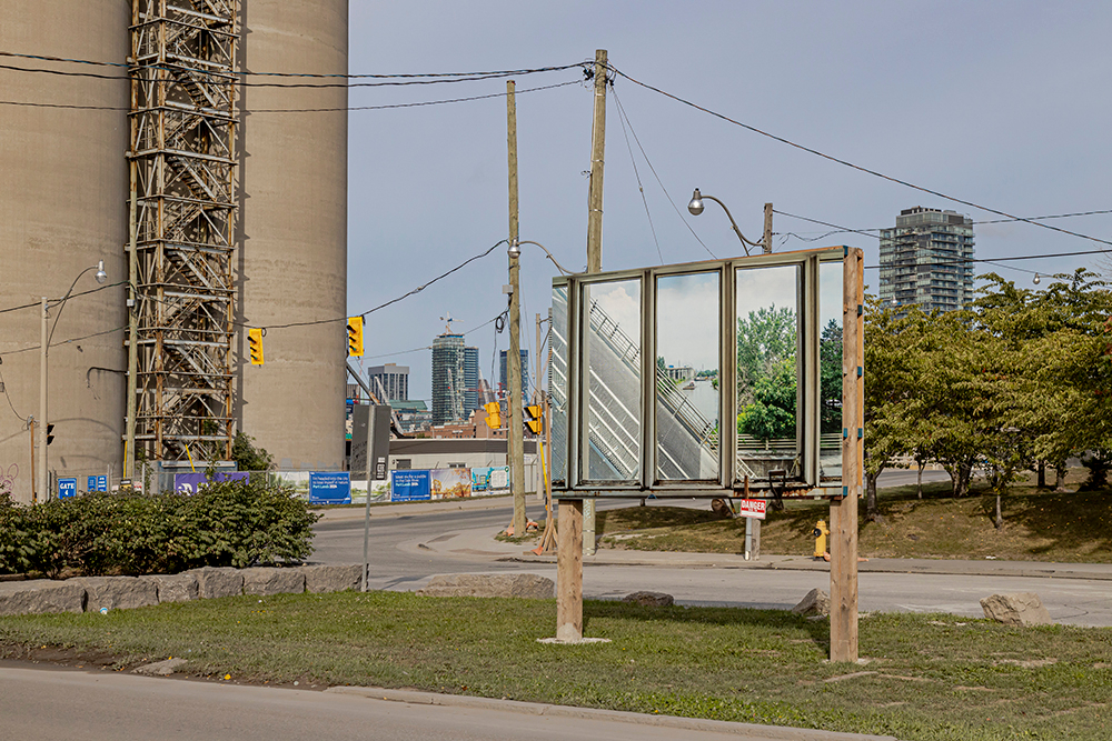     Installation view, Vid Ingelevics & Ryan Walker, Framework, 2020. Public Installation at 312 Cherry St &#038; Villiers St Median, Toronto. Photo: Toni Hafkenscheid. Courtesy of Scotiabank CONTACT Photography Festival 

