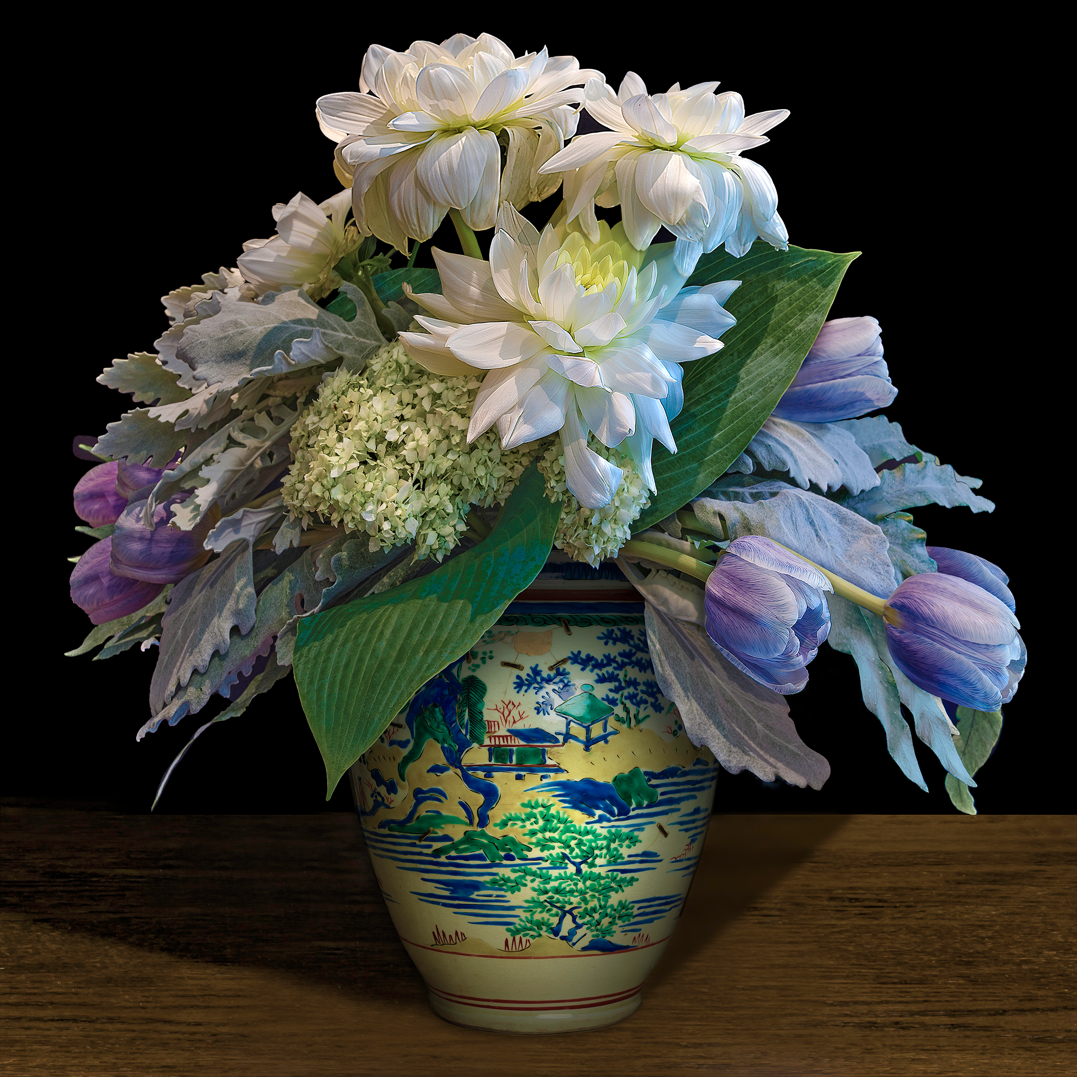     T.M. Glass, Dahlias, Tulips, and Hydrangeas in a Japanese Vase, 2021

