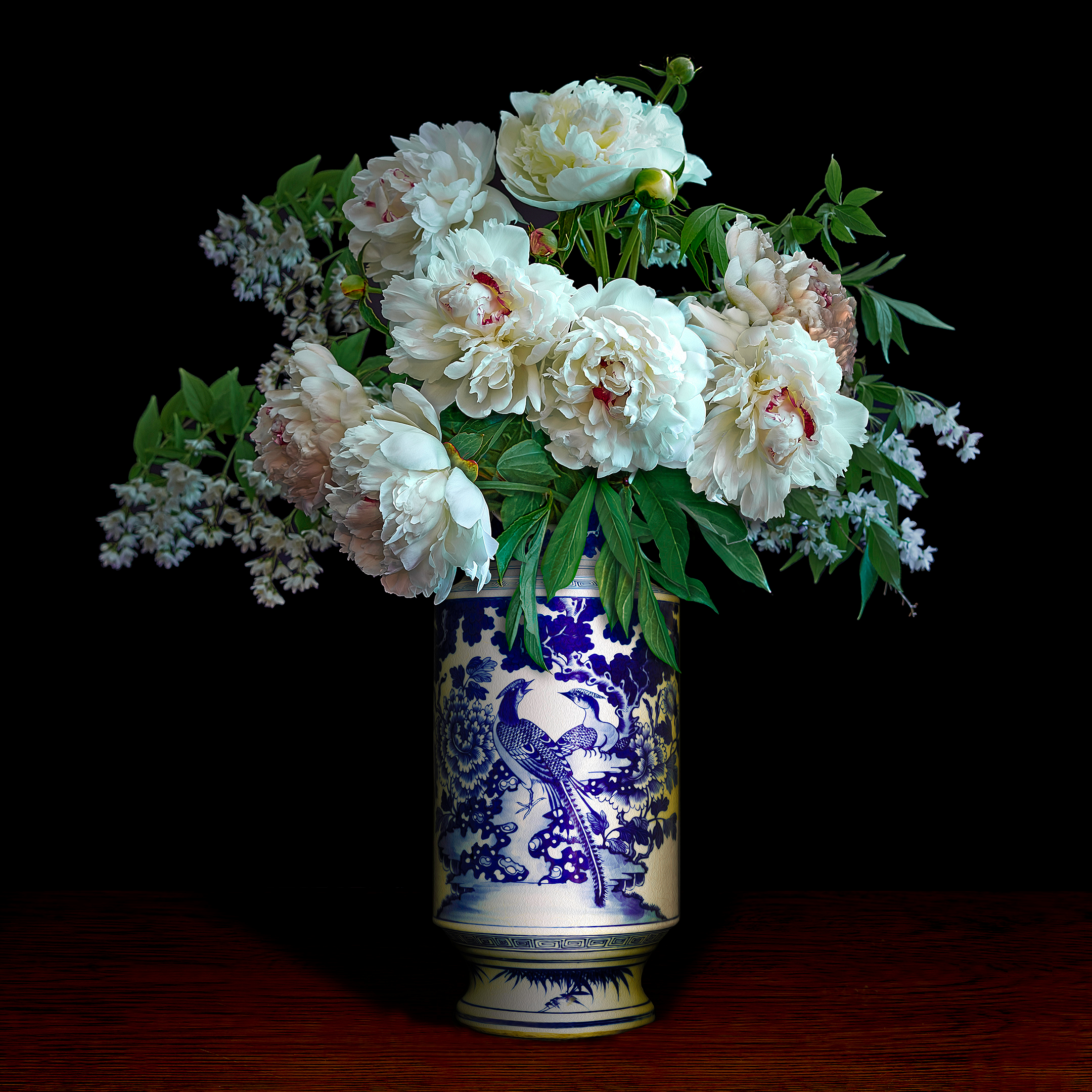     T.M. Glass, Peonies in a Blue and White Chinese Peacock Vase &#8211; Tyler McDermott, 2021

